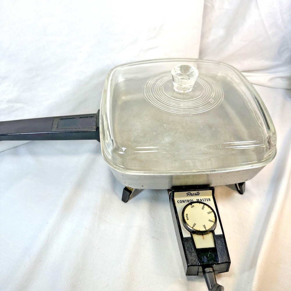 Vtg 1950s Presto Automatic Electric Skillet SS-34 Glass Lid Control Master Cord